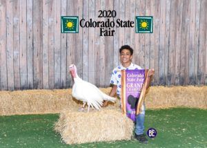 Male sitting next to his prize Turkey at the Colorado state fair
