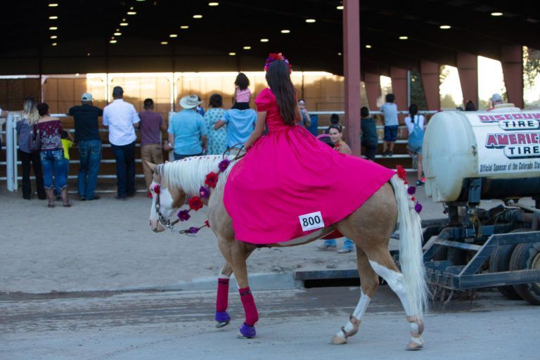 Young girl in a pink dress on a horse at the horse show