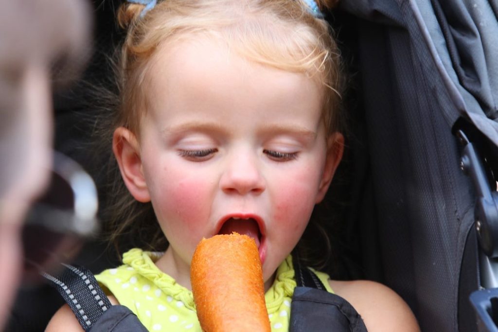 A toddler girl in a stroller eating a corn dog at the state fair