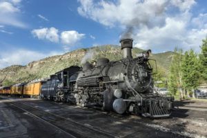 Steam locomotive on tracks at Durango & Silverton Narrow Gauge Railroad