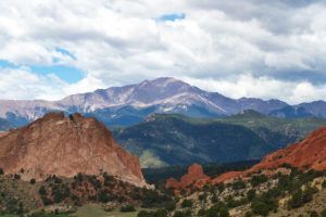 A view of Pikes Peak seen through Garden of the Gods