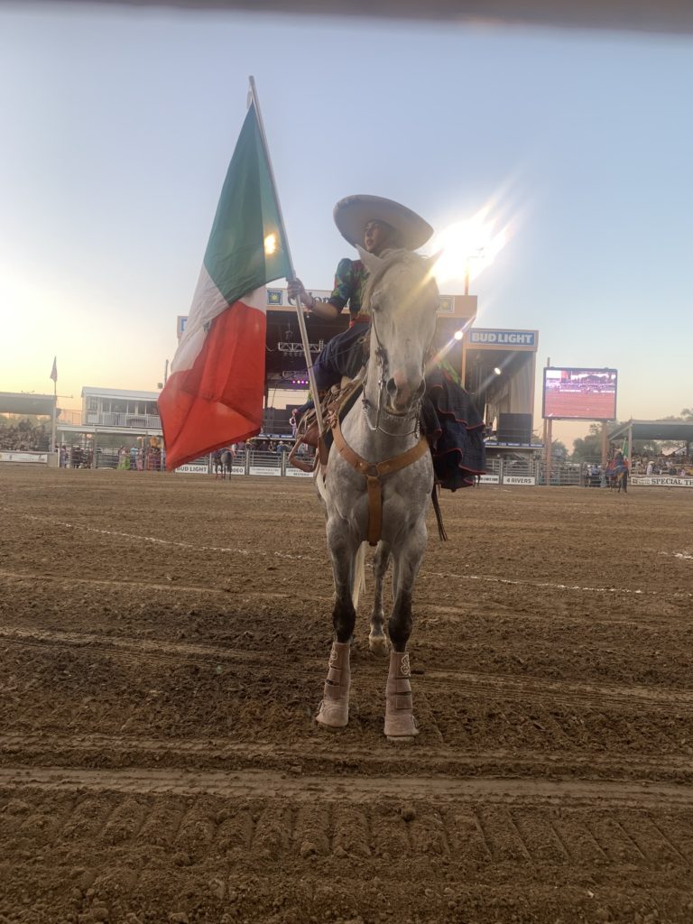 A Mexican rodeo rider faces the camera sitting on his horse holding the Mexican flag