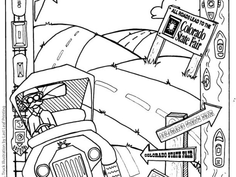 Black and white Colorado State Fair Coloring Book printout of a man in a jeep
